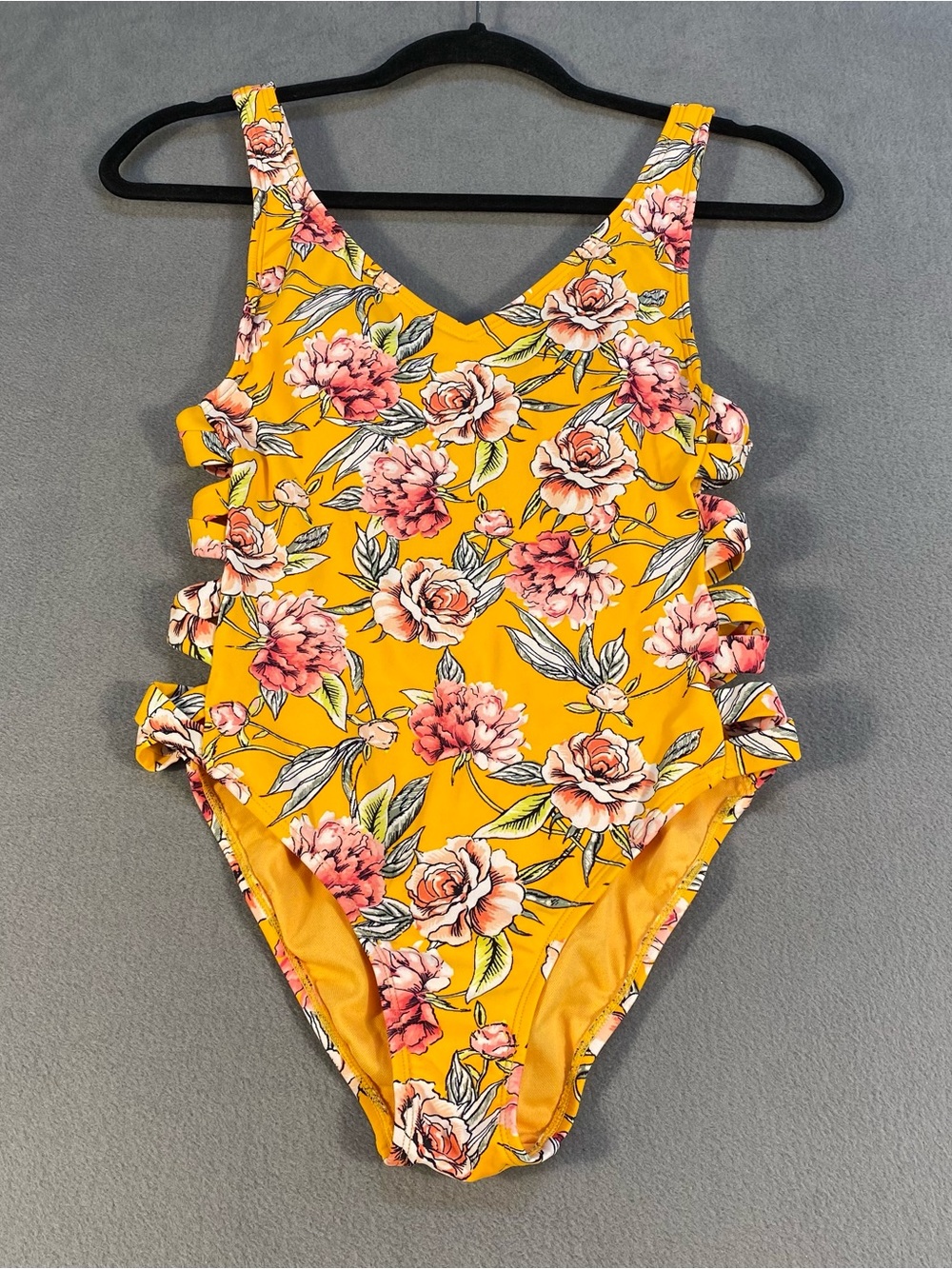 Xhilaration Juniors Yellow & Pink Floral One-Piece Swimsuit w/side crisscross